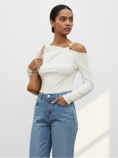 1491 Cream Stretch Cotton Asymmetric Embellished Gold Shoulder Long Sleeve Top